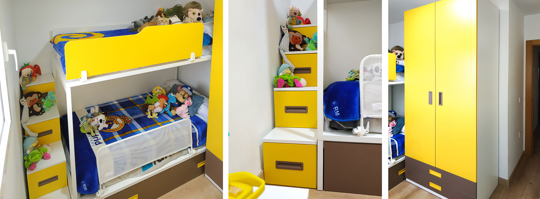 habitación infantil amarilla con litera y armario ropero